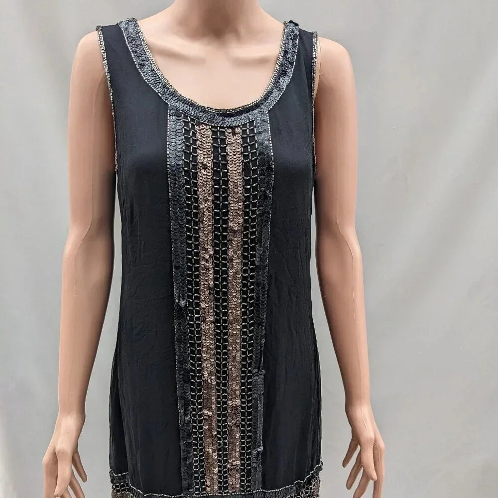 Adrianna Papell Evening Flapper Silk Dress Sequin 10 Beaded Art Deco Gatsby Chic